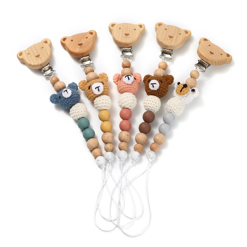 Baby Beech Wood Pacifier Clip Cartoon Animal Crochet Beads Silicone Nipple Chain For Teether Nursing Toys Baby Pacifier Chain Leedoar