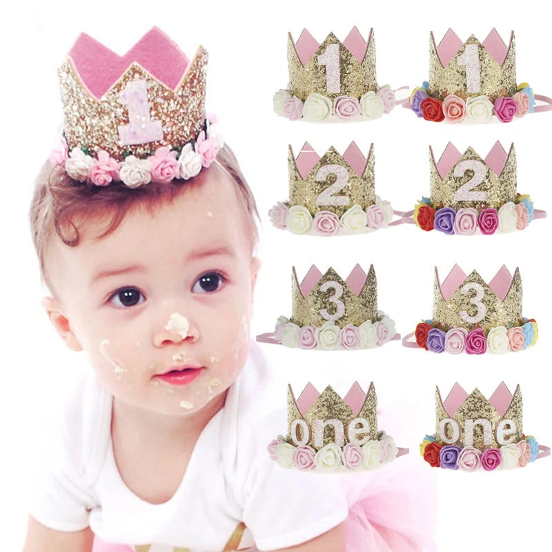 Baby Birthday Decoration Girl 1 2 3 Years Crown Hat Pink White Flower Sequins Crown 1st birthday Photo Prop Happy Birthday Gifts Leedoar