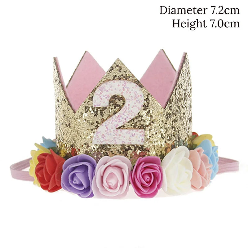 Baby Birthday Decoration Girl 1 2 3 Years Crown Hat Pink White Flower Sequins Crown 1st birthday Photo Prop Happy Birthday Gifts Leedoar