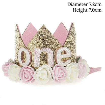 Baby Birthday Decoration Girl 1 2 3 Years Crown Hat Pink White Flower Sequins Crown 1st birthday Photo Prop Happy Birthday Gifts Leedoar