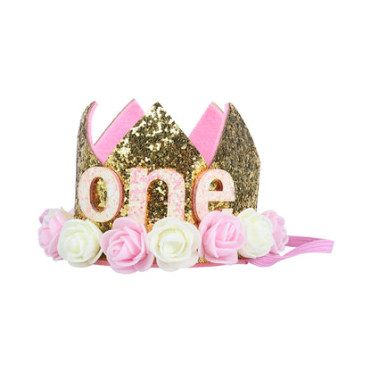 Baby Birthday Decoration Girl 1 2 3 Years Crown Hat Pink White Flower Sequins Crown 1st birthday Photo Prop Happy Birthday Gifts Leedoar