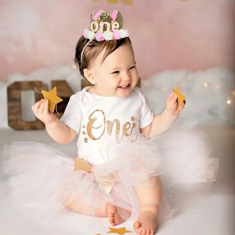 Baby Birthday Decoration Girl 1 2 3 Years Crown Hat Pink White Flower Sequins Crown 1st birthday Photo Prop Happy Birthday Gifts Leedoar