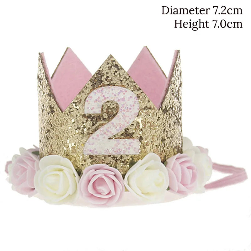 Baby Birthday Decoration Girl 1 2 3 Years Crown Hat Pink White Flower Sequins Crown 1st birthday Photo Prop Happy Birthday Gifts Leedoar