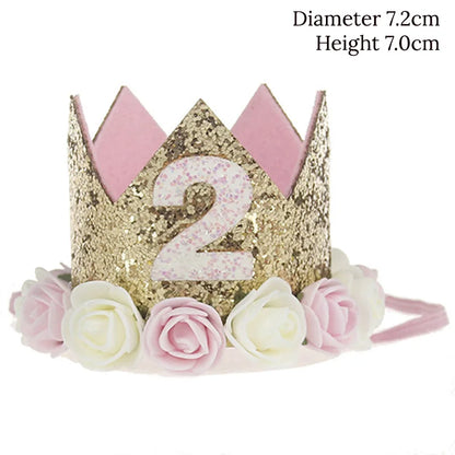 Baby Birthday Decoration Girl 1 2 3 Years Crown Hat Pink White Flower Sequins Crown 1st birthday Photo Prop Happy Birthday Gifts Leedoar