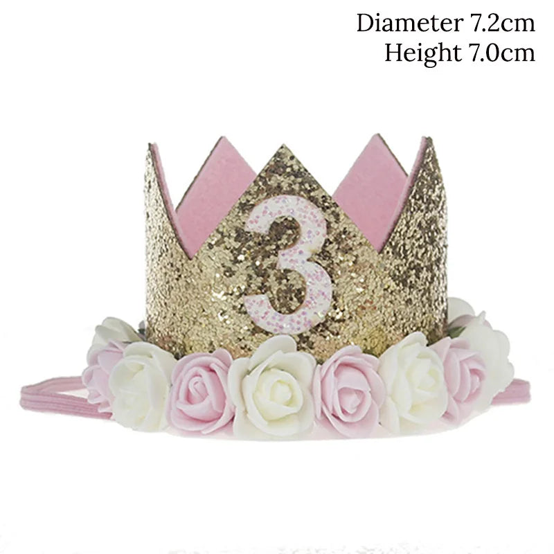 Baby Birthday Decoration Girl 1 2 3 Years Crown Hat Pink White Flower Sequins Crown 1st birthday Photo Prop Happy Birthday Gifts Leedoar