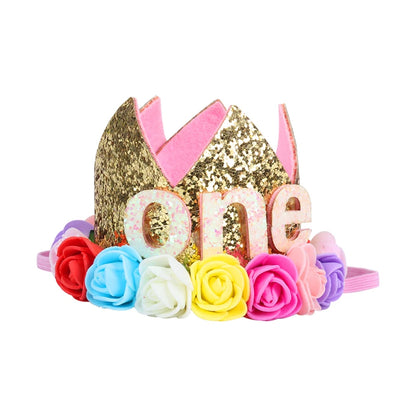 Baby Birthday Decoration Girl 1 2 3 Years Crown Hat Pink White Flower Sequins Crown 1st birthday Photo Prop Happy Birthday Gifts Leedoar