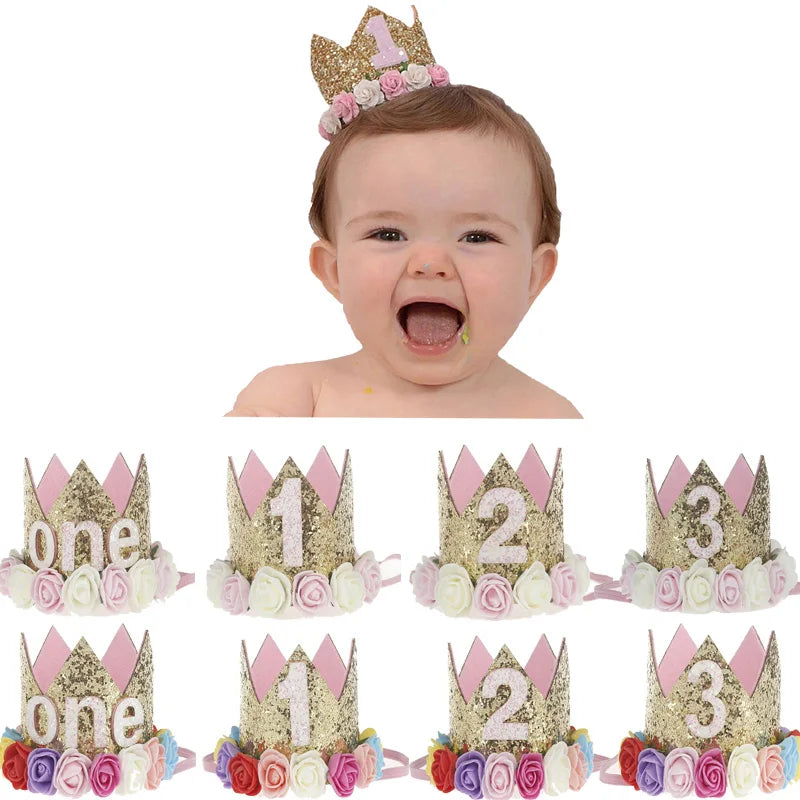 Baby Birthday Decoration Girl 1 2 3 Years Crown Hat Pink White Flower Sequins Crown 1st birthday Photo Prop Happy Birthday Gifts Leedoar