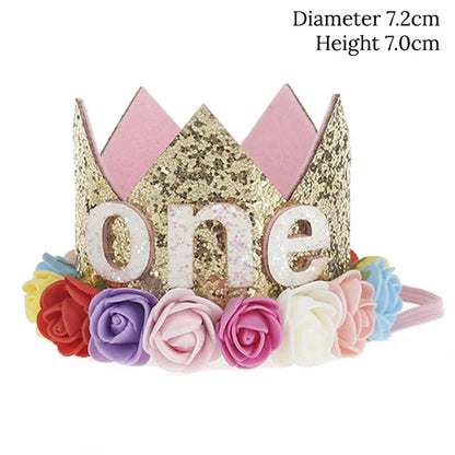 Baby Birthday Decoration Girl 1 2 3 Years Crown Hat Pink White Flower Sequins Crown 1st birthday Photo Prop Happy Birthday Gifts Leedoar