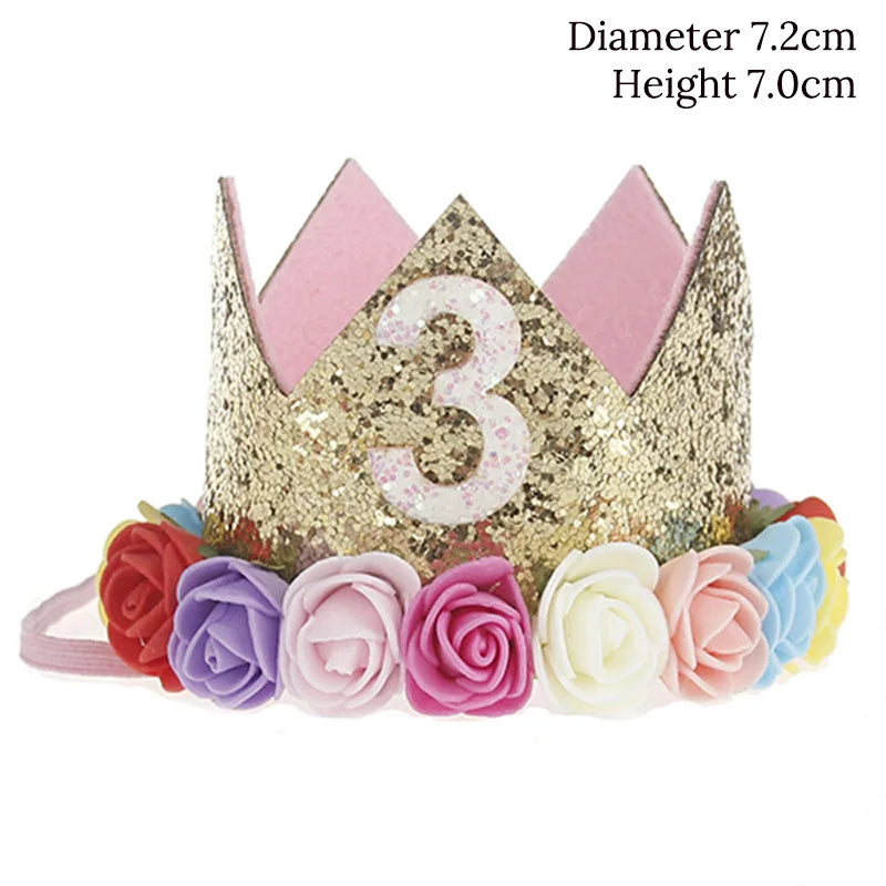 Baby Birthday Decoration Girl 1 2 3 Years Crown Hat Pink White Flower Sequins Crown 1st birthday Photo Prop Happy Birthday Gifts Leedoar