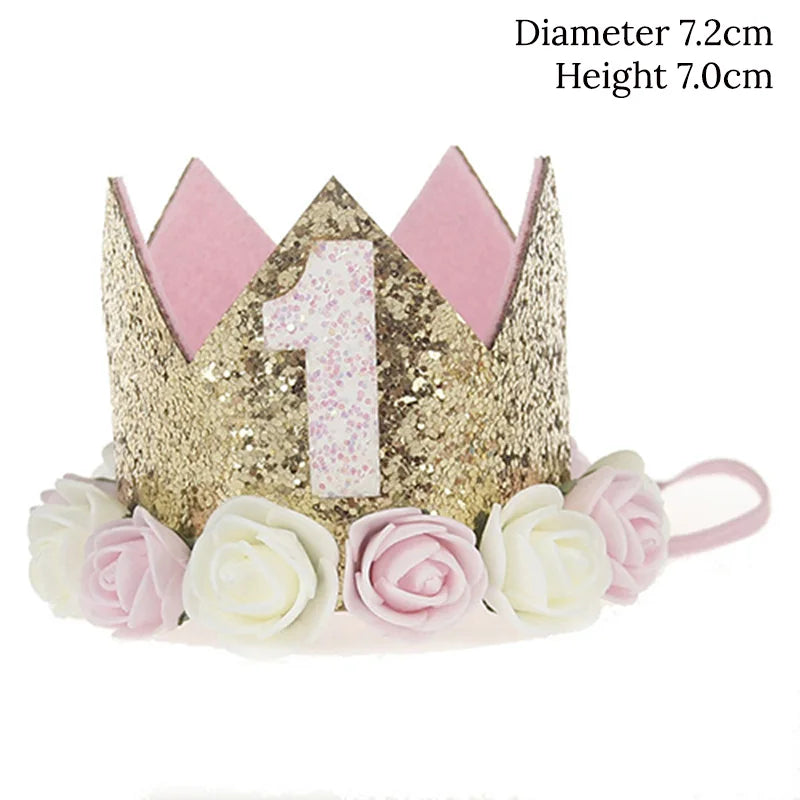 Baby Birthday Decoration Girl 1 2 3 Years Crown Hat Pink White Flower Sequins Crown 1st birthday Photo Prop Happy Birthday Gifts Leedoar