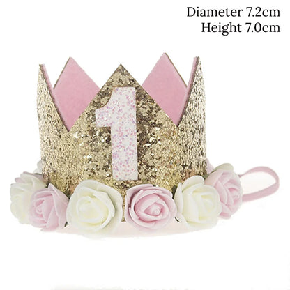 Baby Birthday Decoration Girl 1 2 3 Years Crown Hat Pink White Flower Sequins Crown 1st birthday Photo Prop Happy Birthday Gifts Leedoar