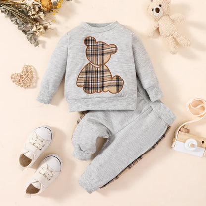 Baby Boy Summer Plaid Teddy Bear Patch Embroidered Long Sleeved Top and Pants Fashion Set Leedoar