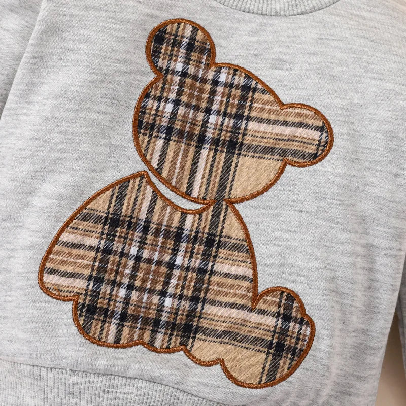 Baby Boy Summer Plaid Teddy Bear Patch Embroidered Long Sleeved Top and Pants Fashion Set Leedoar