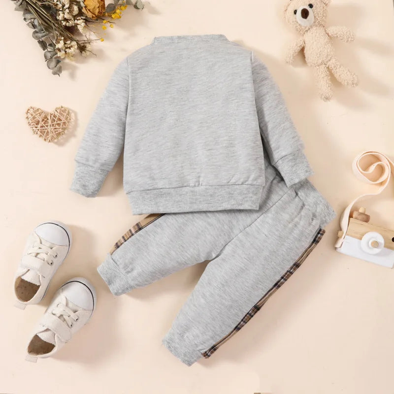 Baby Boy Summer Plaid Teddy Bear Patch Embroidered Long Sleeved Top and Pants Fashion Set Leedoar