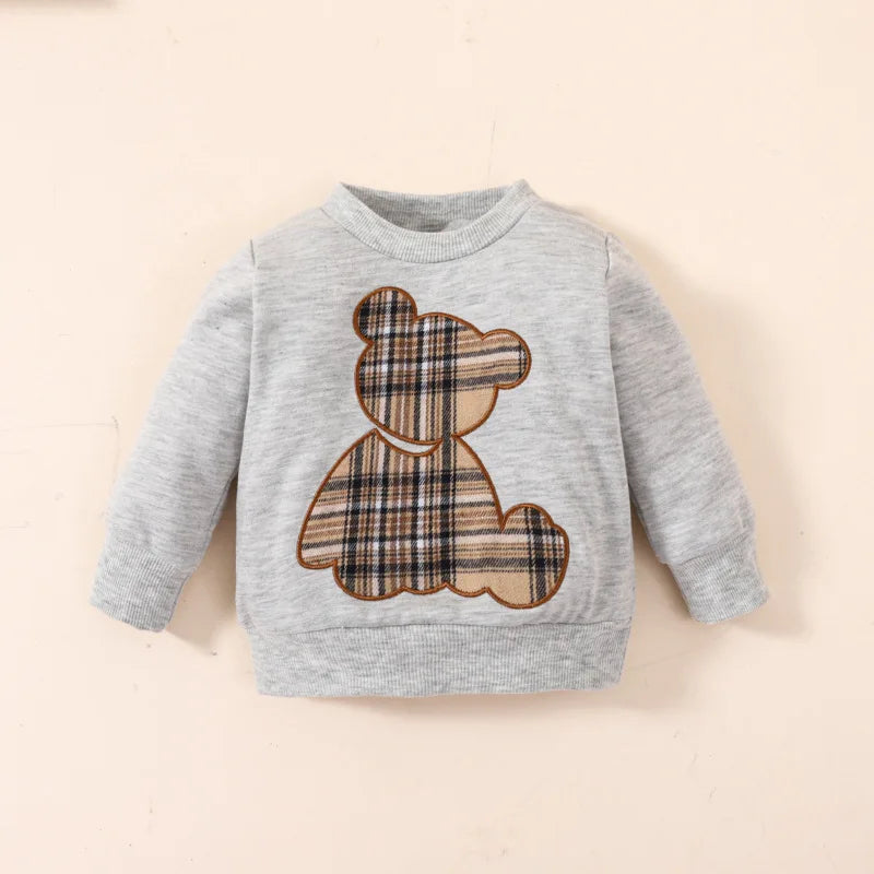 Baby Boy Summer Plaid Teddy Bear Patch Embroidered Long Sleeved Top and Pants Fashion Set Leedoar