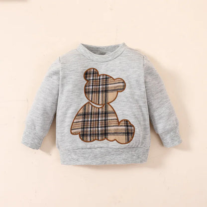 Baby Boy Summer Plaid Teddy Bear Patch Embroidered Long Sleeved Top and Pants Fashion Set Leedoar