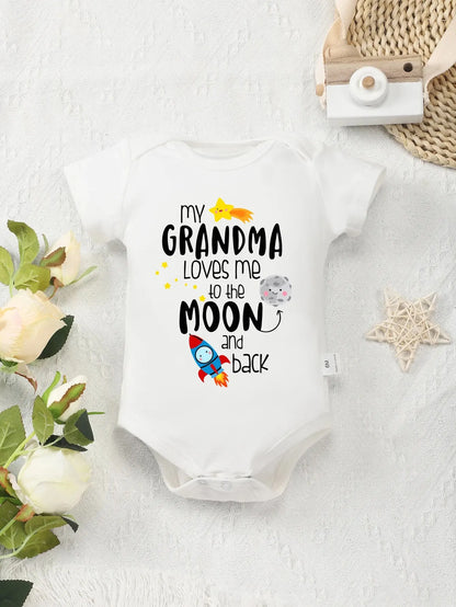 Baby Boys Girls Triangle Bodysuit My Grandma Loves Me To The Moon & Back Letter Print Newborn Cute Short Sleeve Triangle Romper Leedoar