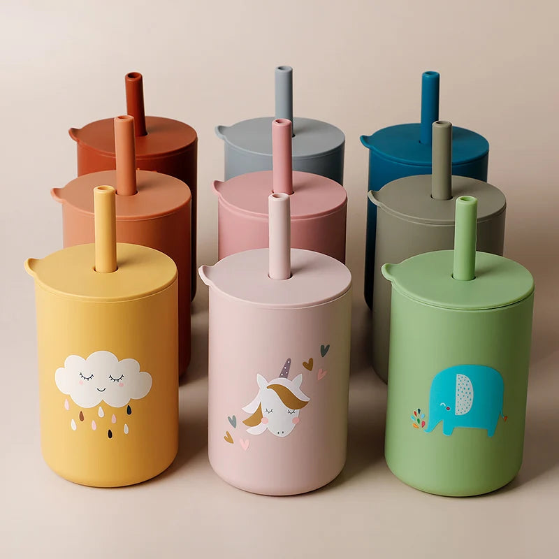 Baby Feeding Drinkware Straw Cup Baby Cartoon Learning Feeding Cup Food Grade Silicone Toddler Water Bottle Tableware BPA Free Leedoar