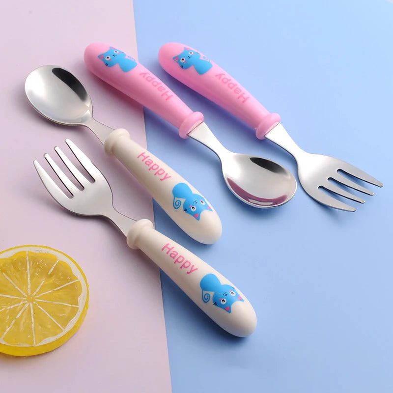 Baby Gadgets Tableware Set Children Utensil Stainless Steel Toddler Dinnerware Cutlery Cartoon Infant Food Feeding Spoon Fork Leedoar