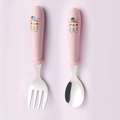 Baby Gadgets Tableware Set Children Utensil Stainless Steel Toddler Dinnerware Cutlery Cartoon Infant Food Feeding Spoon Fork Leedoar