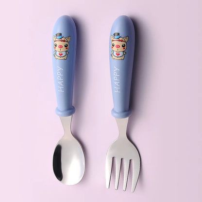 Baby Gadgets Tableware Set Children Utensil Stainless Steel Toddler Dinnerware Cutlery Cartoon Infant Food Feeding Spoon Fork Leedoar