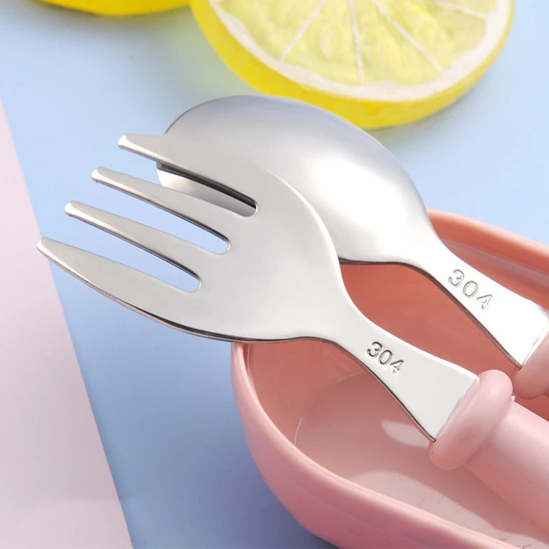 Baby Gadgets Tableware Set Children Utensil Stainless Steel Toddler Dinnerware Cutlery Cartoon Infant Food Feeding Spoon Fork Leedoar