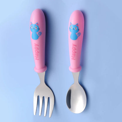 Baby Gadgets Tableware Set Children Utensil Stainless Steel Toddler Dinnerware Cutlery Cartoon Infant Food Feeding Spoon Fork Leedoar