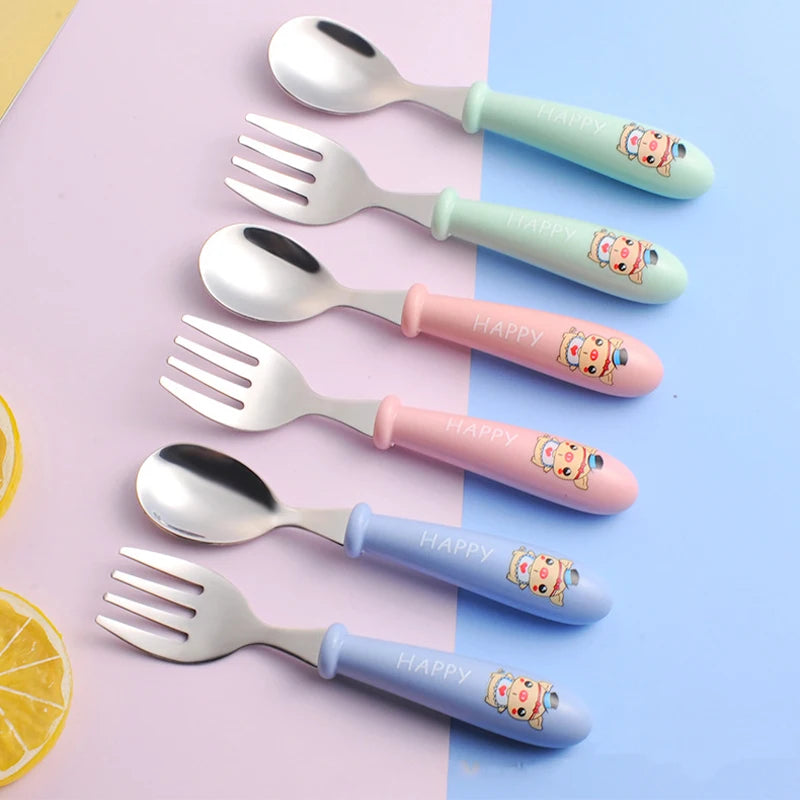 Baby Gadgets Tableware Set Children Utensil Stainless Steel Toddler Dinnerware Cutlery Cartoon Infant Food Feeding Spoon Fork Leedoar