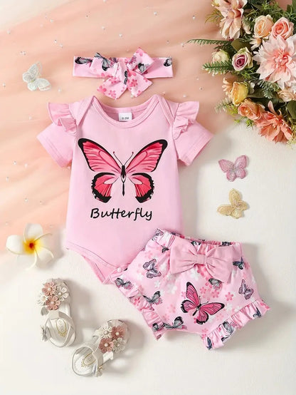 Baby Girl Butterfly Jumpsuit, Print Shorts, 3-Piece Headband Set Leedoar