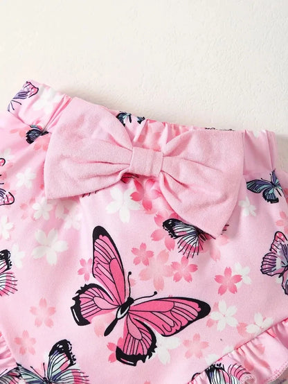 Baby Girl Butterfly Jumpsuit, Print Shorts, 3-Piece Headband Set Leedoar