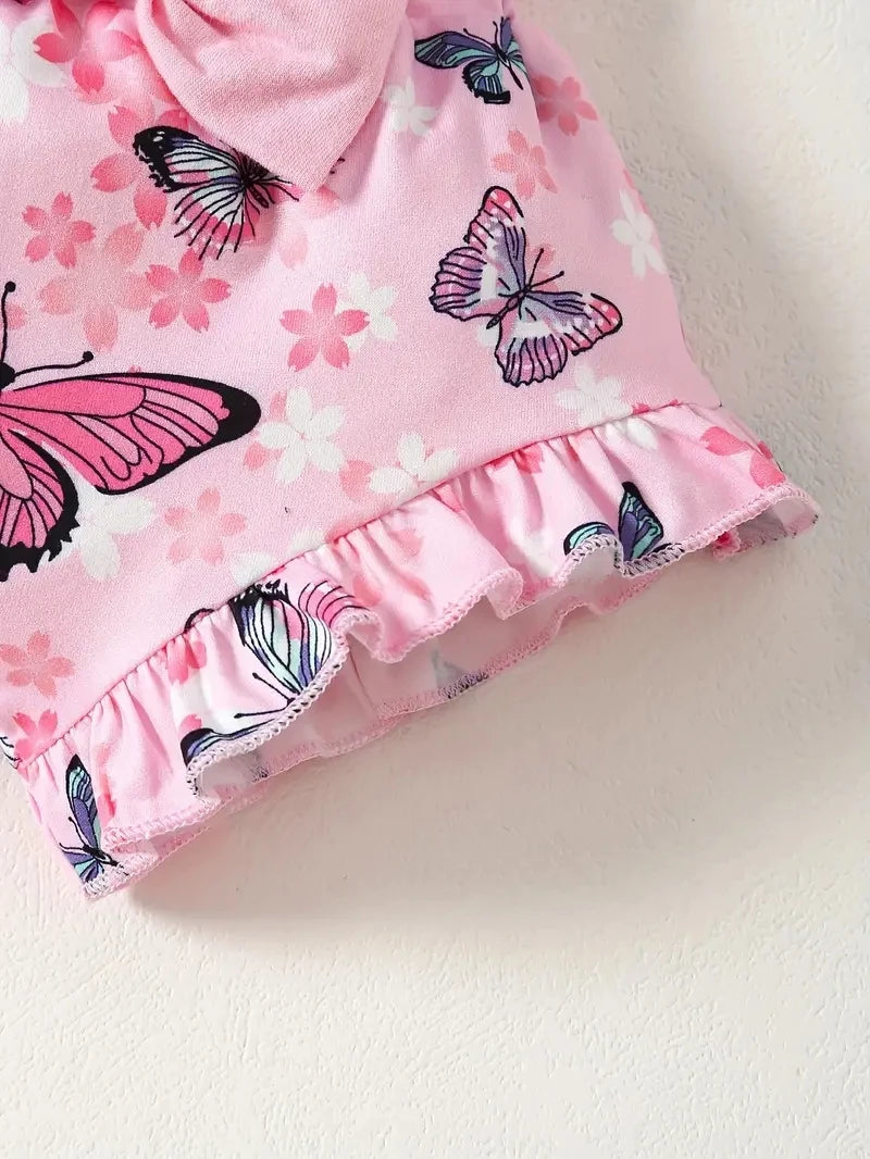 Baby Girl Butterfly Jumpsuit, Print Shorts, 3-Piece Headband Set Leedoar