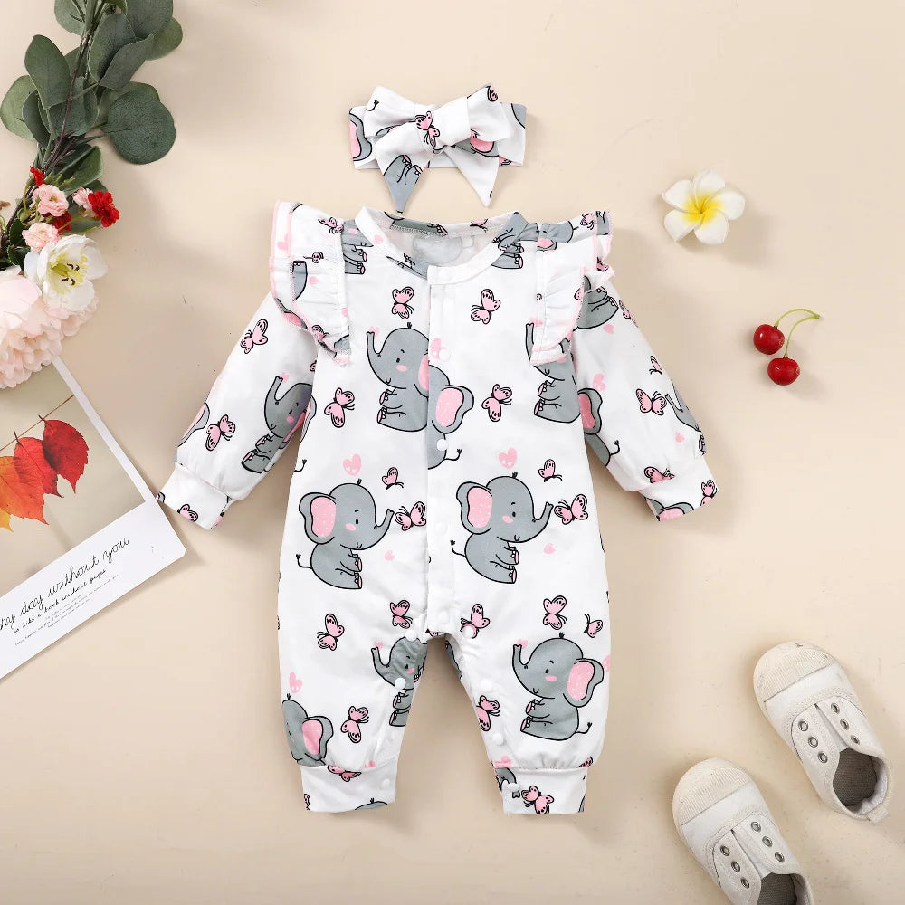 Baby Girl Romper Long Sleeve Cute Elephant Bodysuit+Headband Casual Bodysuit for Toddler Girl 0-18Months Clothes Leedoar