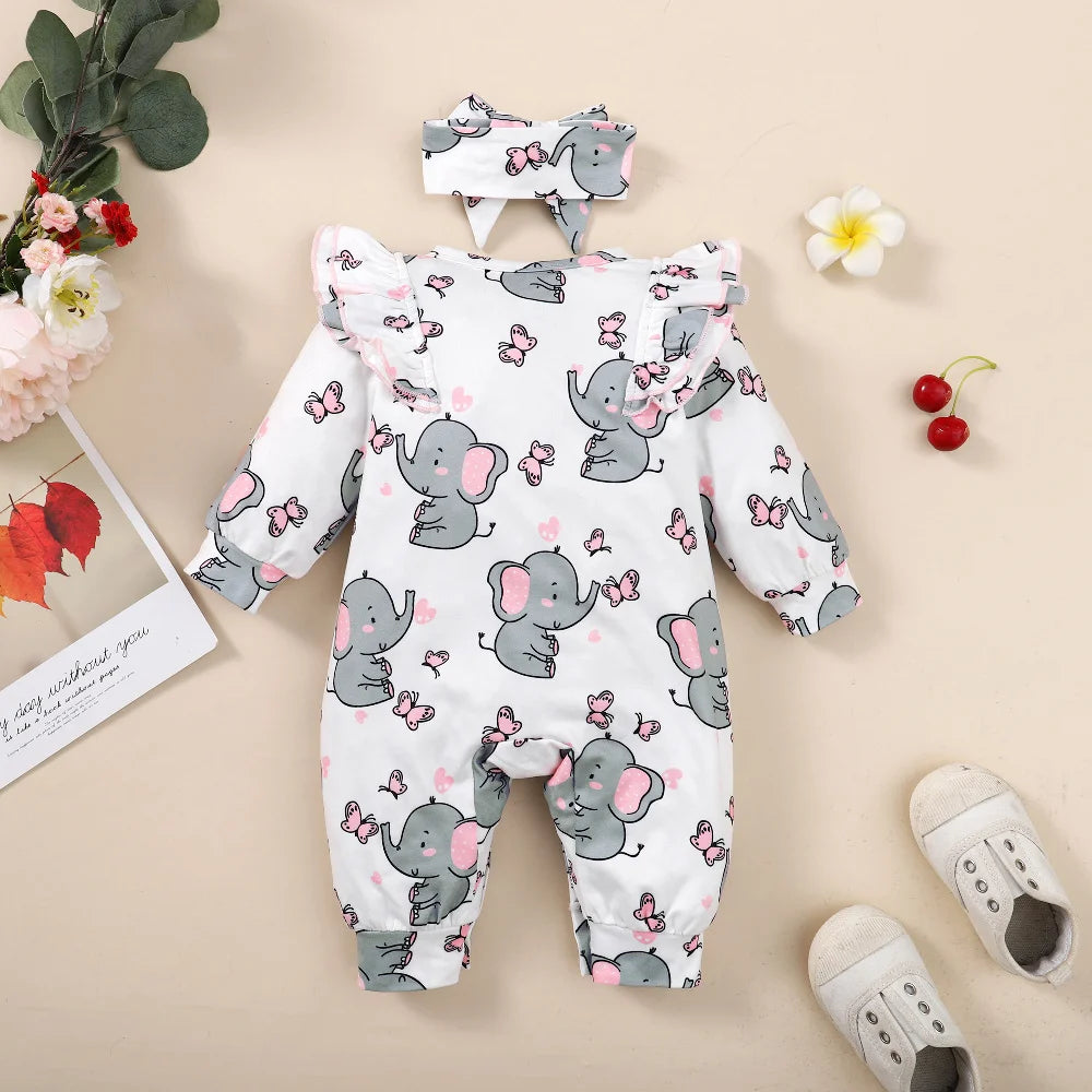 Baby Girl Romper Long Sleeve Cute Elephant Bodysuit+Headband Casual Bodysuit for Toddler Girl 0-18Months Clothes Leedoar