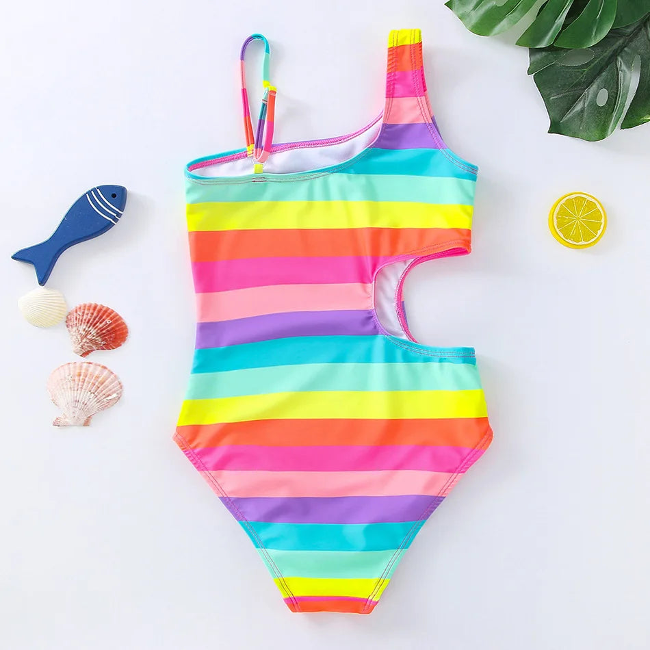 Baby Girl's Sweet Ruffles Fly Sleeve Romper Fashion Rainbow Shorts One-piece Kids Playsuits Sling Outfits Leedoar