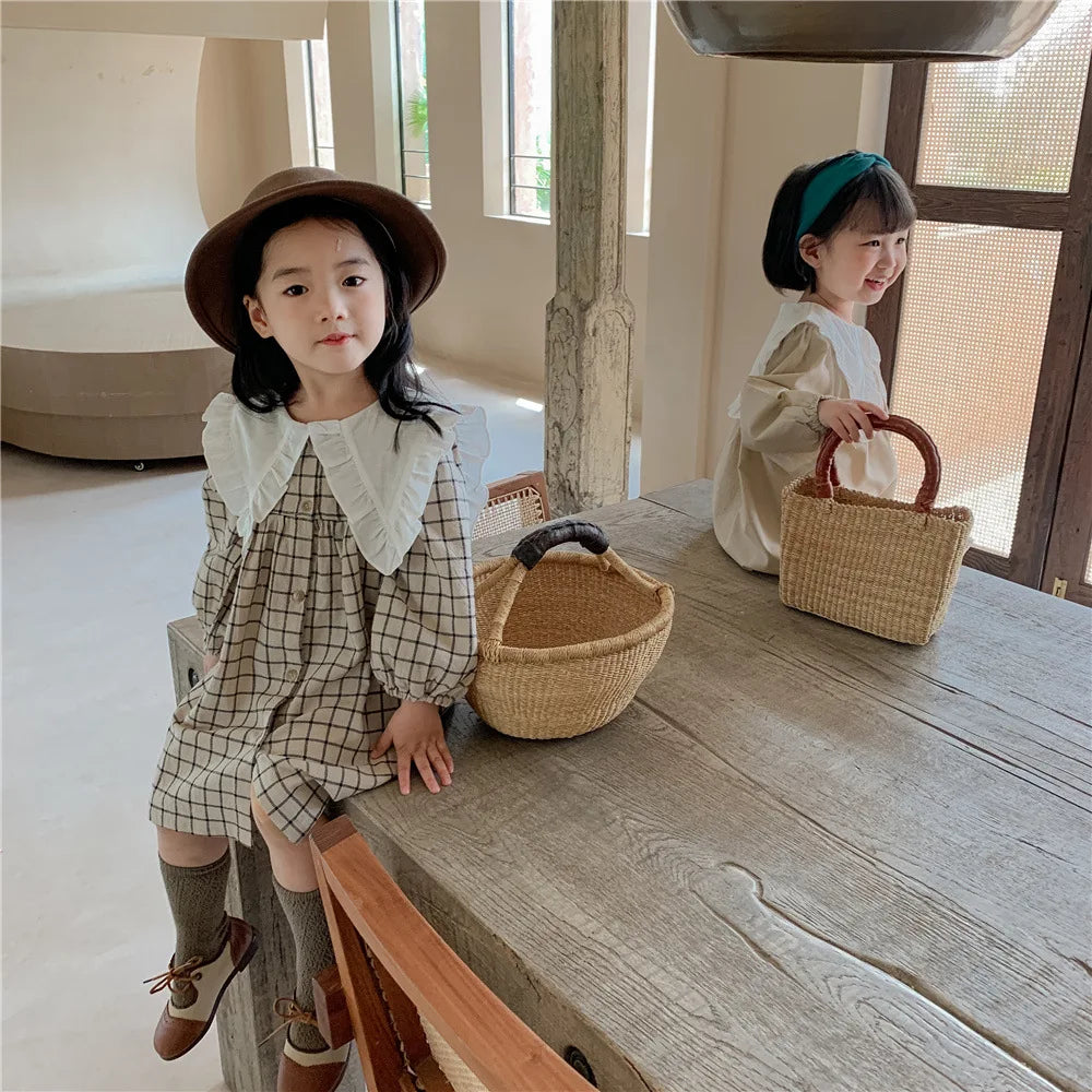 Baby Girls Dress Casual Plaid Clothes Summer 2022 New Korean Cotton Linen Girls Princess Dress Big Turn Down Collar Dress Leedoar