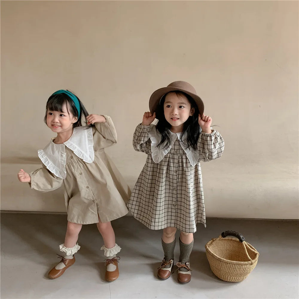 Baby Girls Dress Casual Plaid Clothes Summer 2022 New Korean Cotton Linen Girls Princess Dress Big Turn Down Collar Dress Leedoar