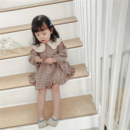 Baby Girls Dress Casual Plaid Clothes Summer 2022 New Korean Cotton Linen Girls Princess Dress Big Turn Down Collar Dress Leedoar