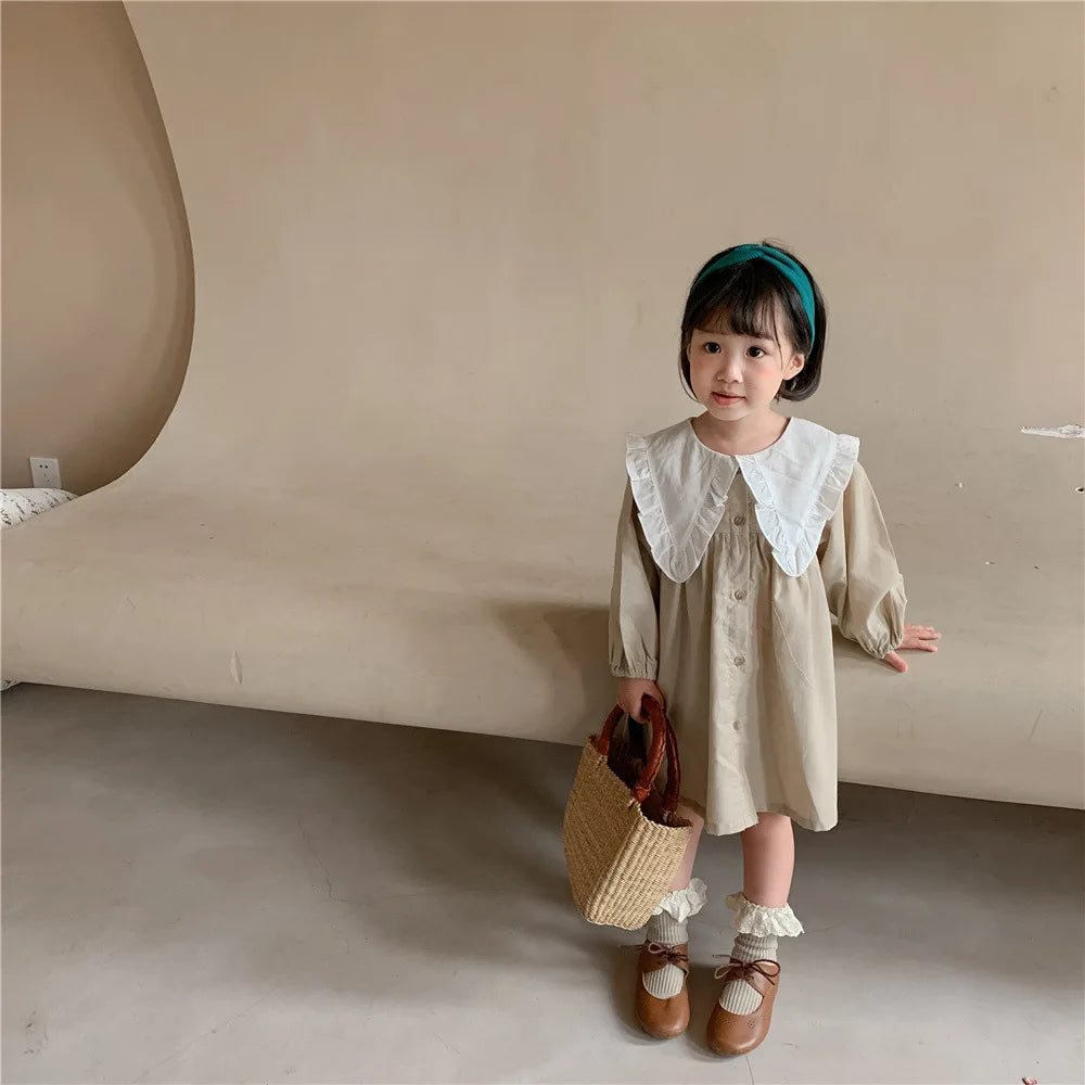 Baby Girls Dress Casual Plaid Clothes Summer 2022 New Korean Cotton Linen Girls Princess Dress Big Turn Down Collar Dress Leedoar