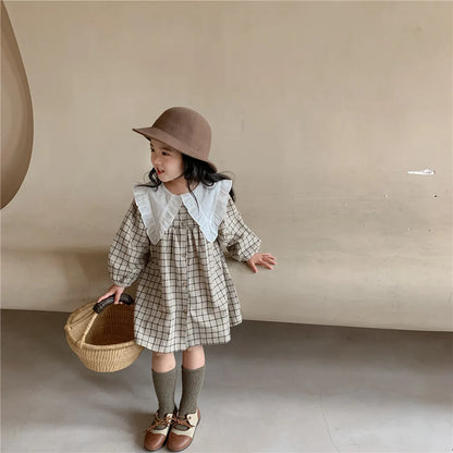 Baby Girls Dress Casual Plaid Clothes Summer 2022 New Korean Cotton Linen Girls Princess Dress Big Turn Down Collar Dress Leedoar