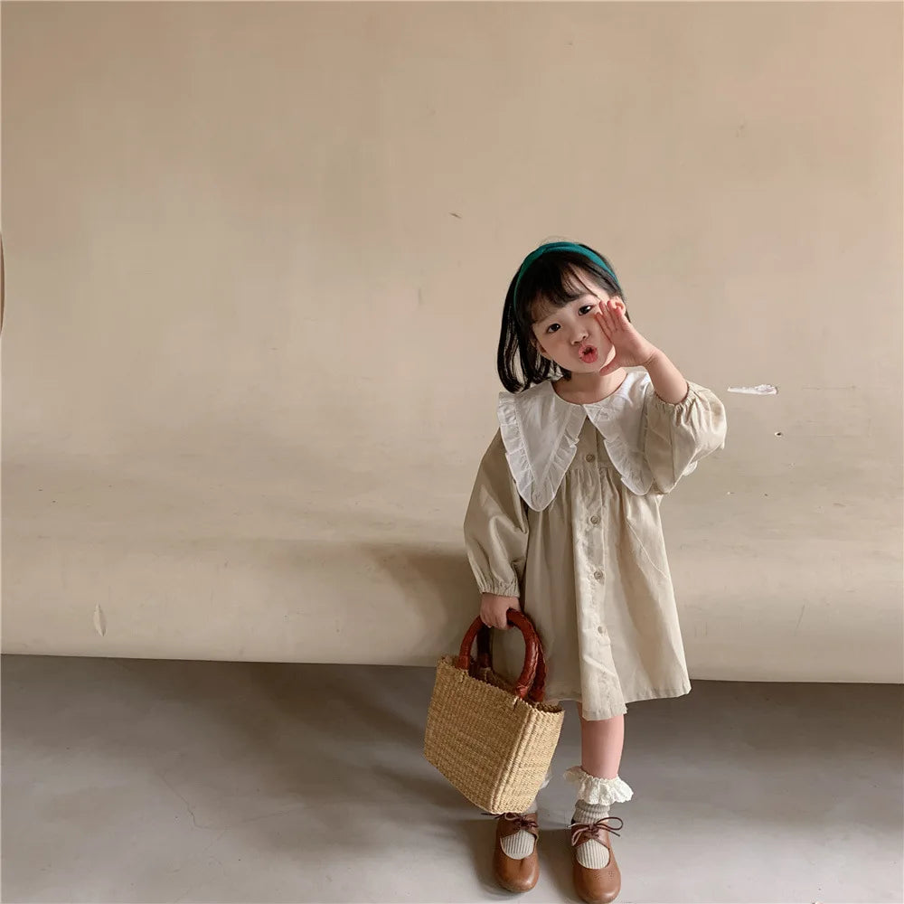 Baby Girls Dress Casual Plaid Clothes Summer 2022 New Korean Cotton Linen Girls Princess Dress Big Turn Down Collar Dress Leedoar