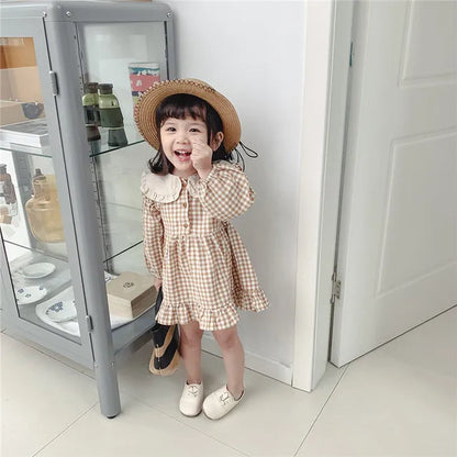 Baby Girls Dress Casual Plaid Clothes Summer 2022 New Korean Cotton Linen Girls Princess Dress Big Turn Down Collar Dress Leedoar