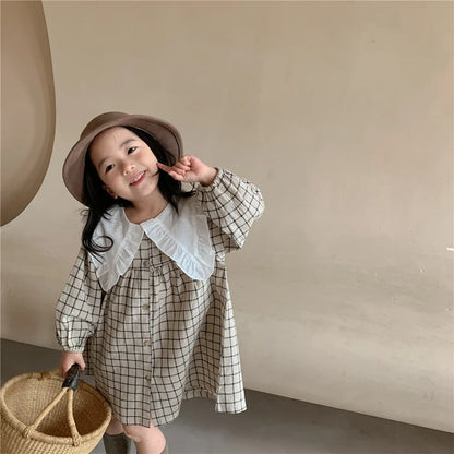 Baby Girls Dress Casual Plaid Clothes Summer 2022 New Korean Cotton Linen Girls Princess Dress Big Turn Down Collar Dress Leedoar