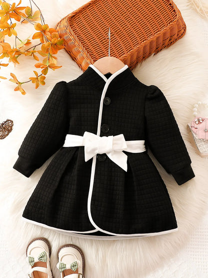 Baby Girls Fashion Autumn And Winter Thermal Belted Dress Set Princess Coat Classic Black And White Color Contrast Cardigan Leedoar