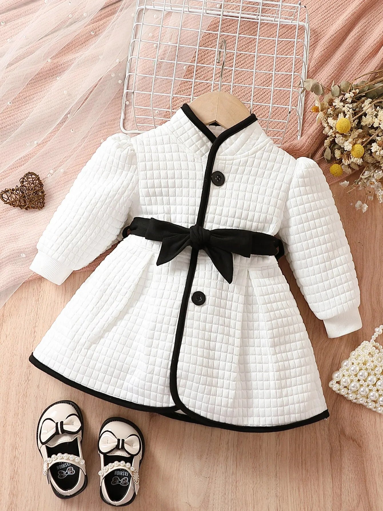 Baby Girls Fashion Autumn And Winter Thermal Belted Dress Set Princess Coat Classic Black And White Color Contrast Cardigan Leedoar