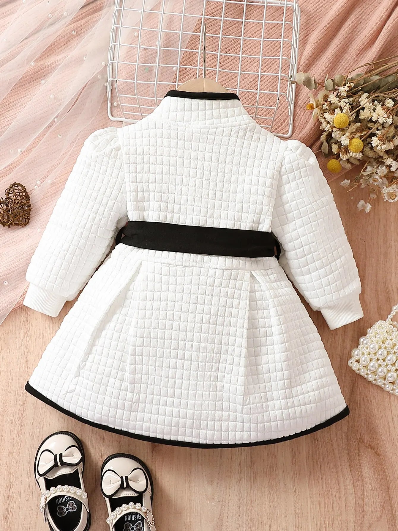 Baby Girls Fashion Autumn And Winter Thermal Belted Dress Set Princess Coat Classic Black And White Color Contrast Cardigan Leedoar