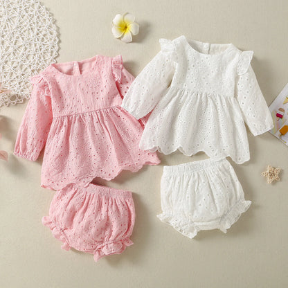 Baby Girls Summer Clothes Sets 2pcs Cotton Lace Flower Long Sleeve Poncho Set Triangle Crawling Suit Machine Washable Leedoar