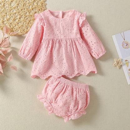 Baby Girls Summer Clothes Sets 2pcs Cotton Lace Flower Long Sleeve Poncho Set Triangle Crawling Suit Machine Washable Leedoar