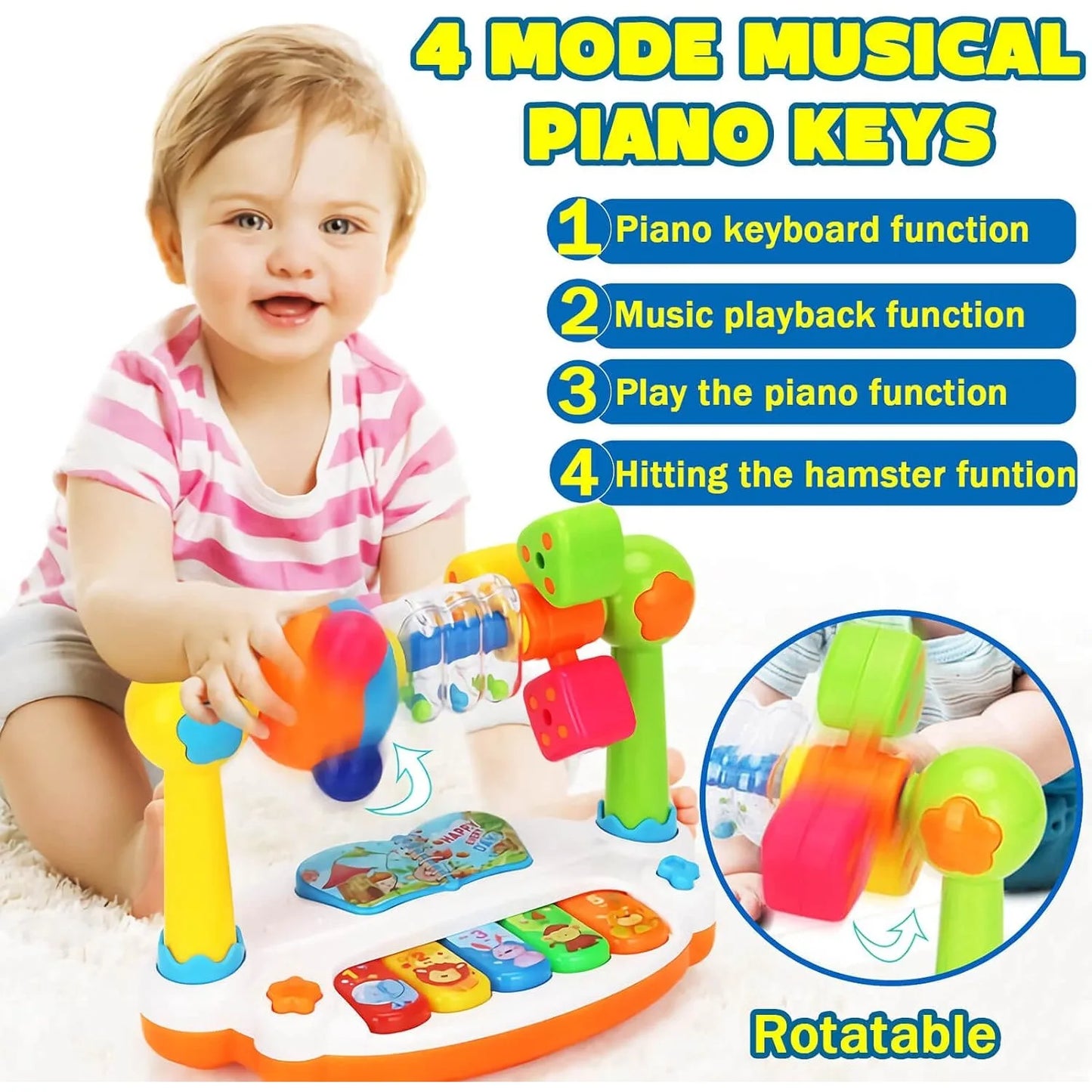 Baby Piano Toys Kids Rotating Music Piano Keyboard with Light Sound, Musical Toys for Toddlers, Early Educational Music Toy Leedoar