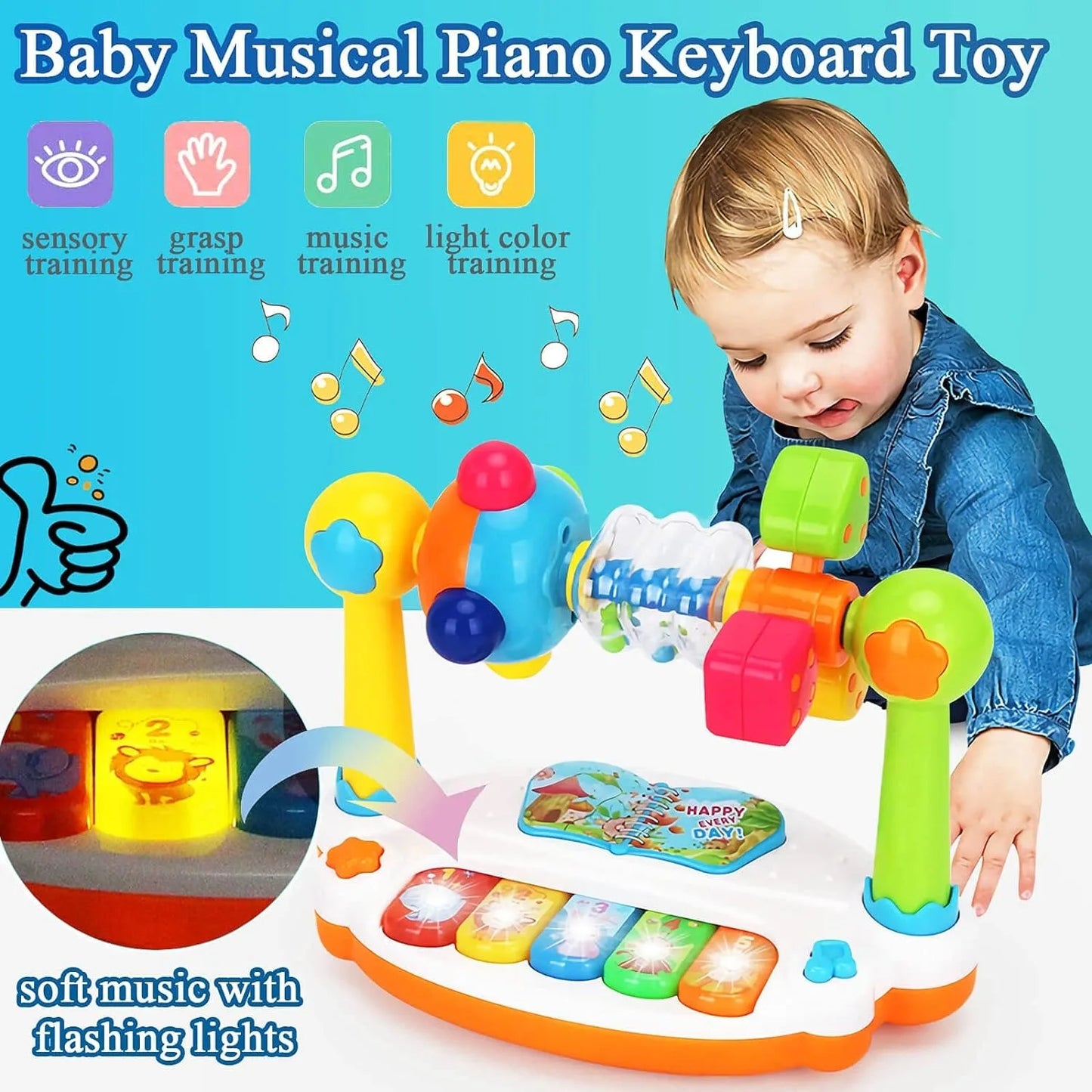 Baby Piano Toys Kids Rotating Music Piano Keyboard with Light Sound, Musical Toys for Toddlers, Early Educational Music Toy Leedoar