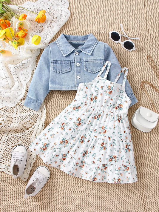 Baby Spring and Autumn Denim Coat Floral + Slip Skirt Two-piece Casual Female Newborn Street Fashion Suit Outdoor Vacation Wear Leedoar